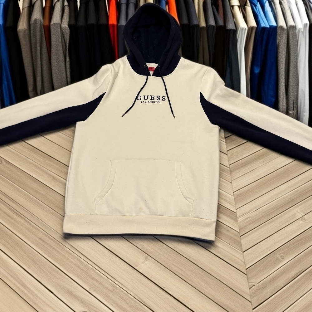 Guess Men's Cream and Navy Hoodie Size MEDIUM